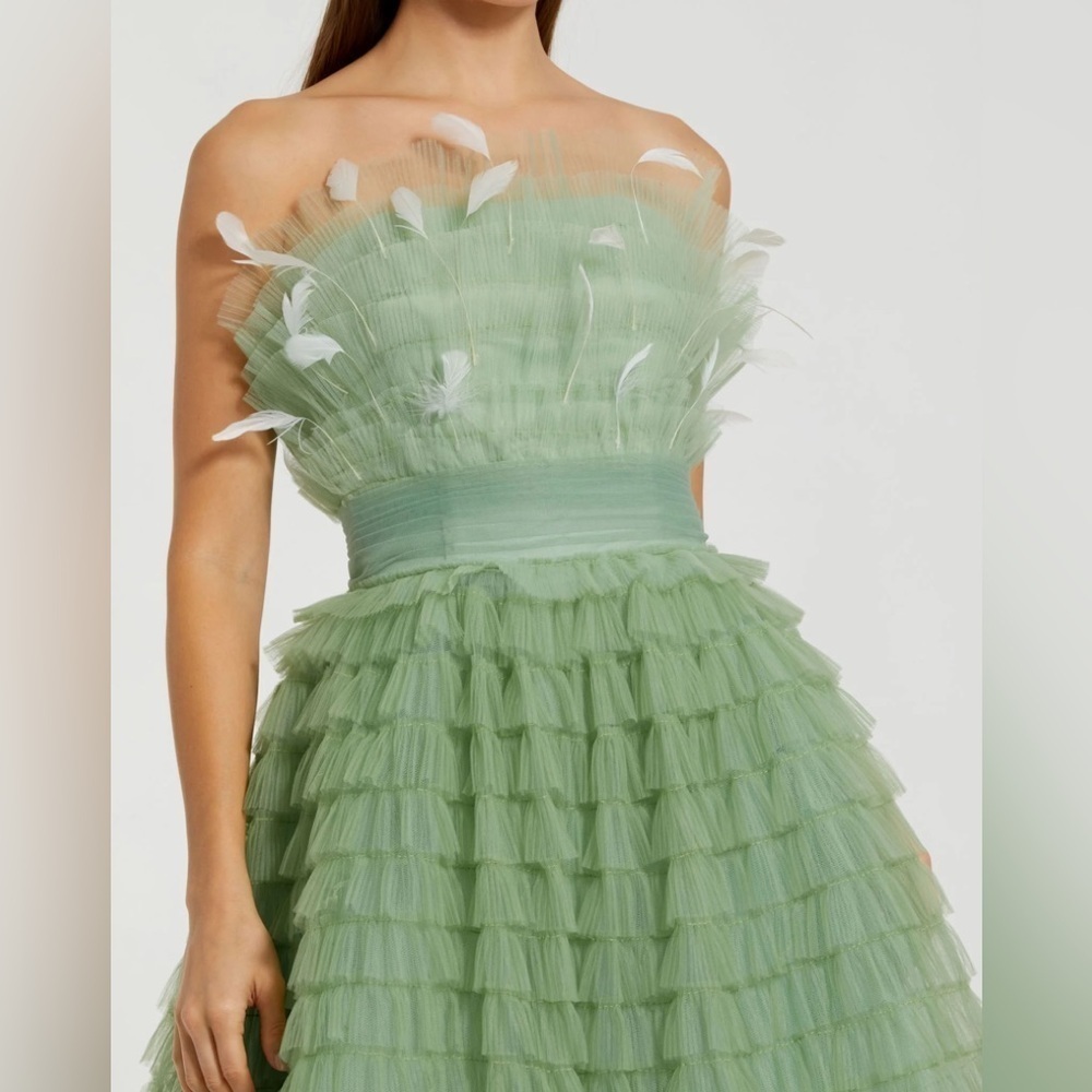 Mac Duggal 20530 NWT Strapless Ruffle Gown with Feathers in Sage - Picture 3 of 12